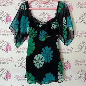 Hot options Floral flowers Black and Green Women's Top lace Lacie belted bow